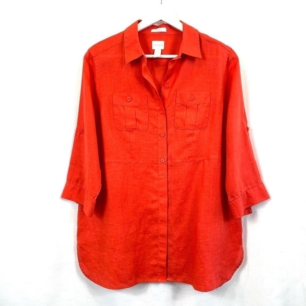 NEW Chico's No Iron Linen Button Down Top Tunic Orange Size 8 Medium Pe…